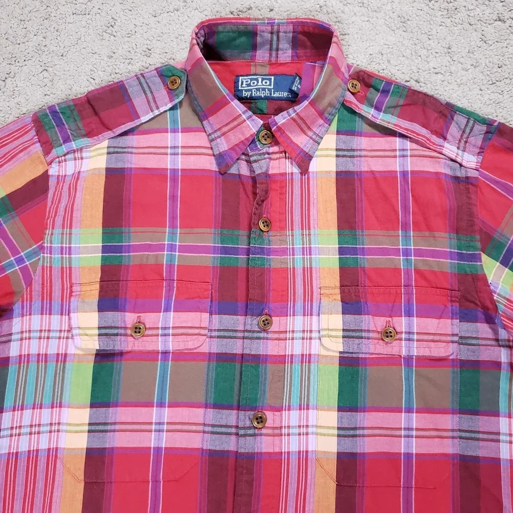 Vintage Polo Ralph Lauren‎ Shirt Men S Red Madras Plaid Epaulets 90s Workshirt